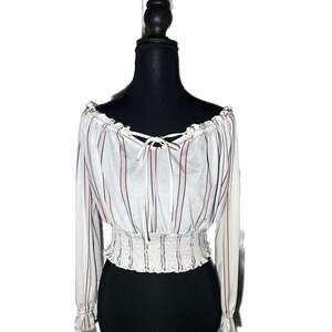 GUESS Women's Striped Off-the-Shoulder Ruffled Long Sleeve Smocked Crop Top